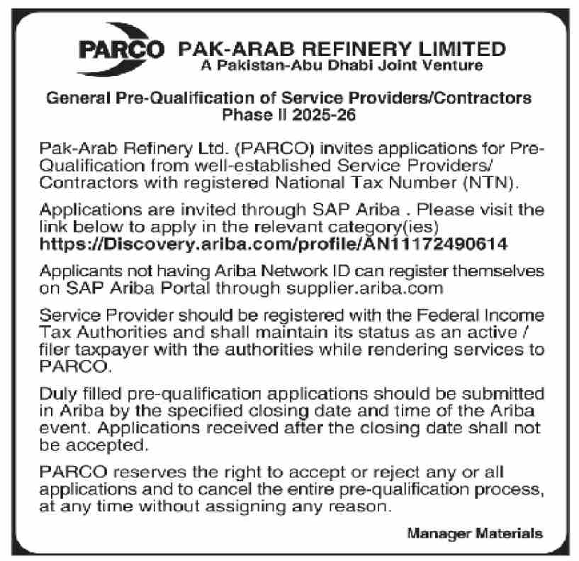 Pak Arab Refinery Limited Tender Notice